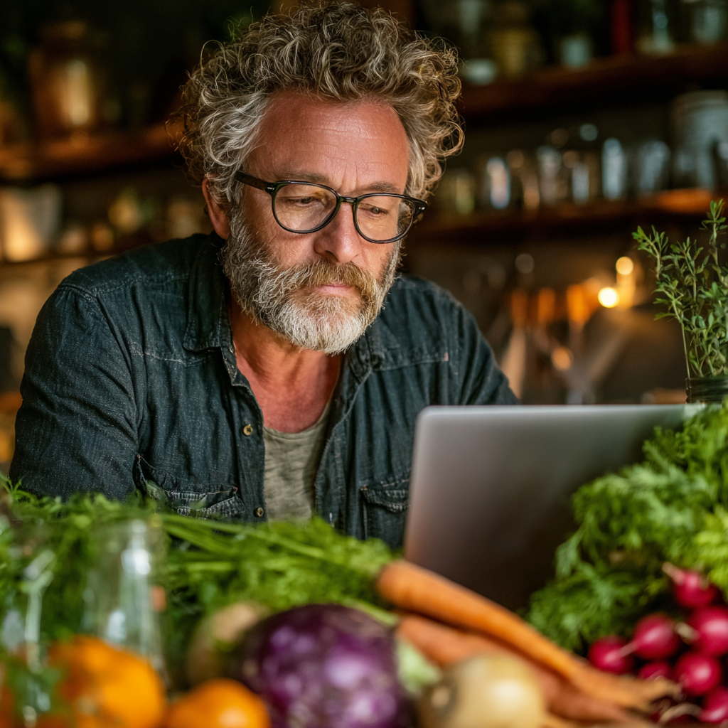 Чоловік 58 років за ноутбуком планує своє харчування в додатку zulmekanor, поруч свіжі продукти