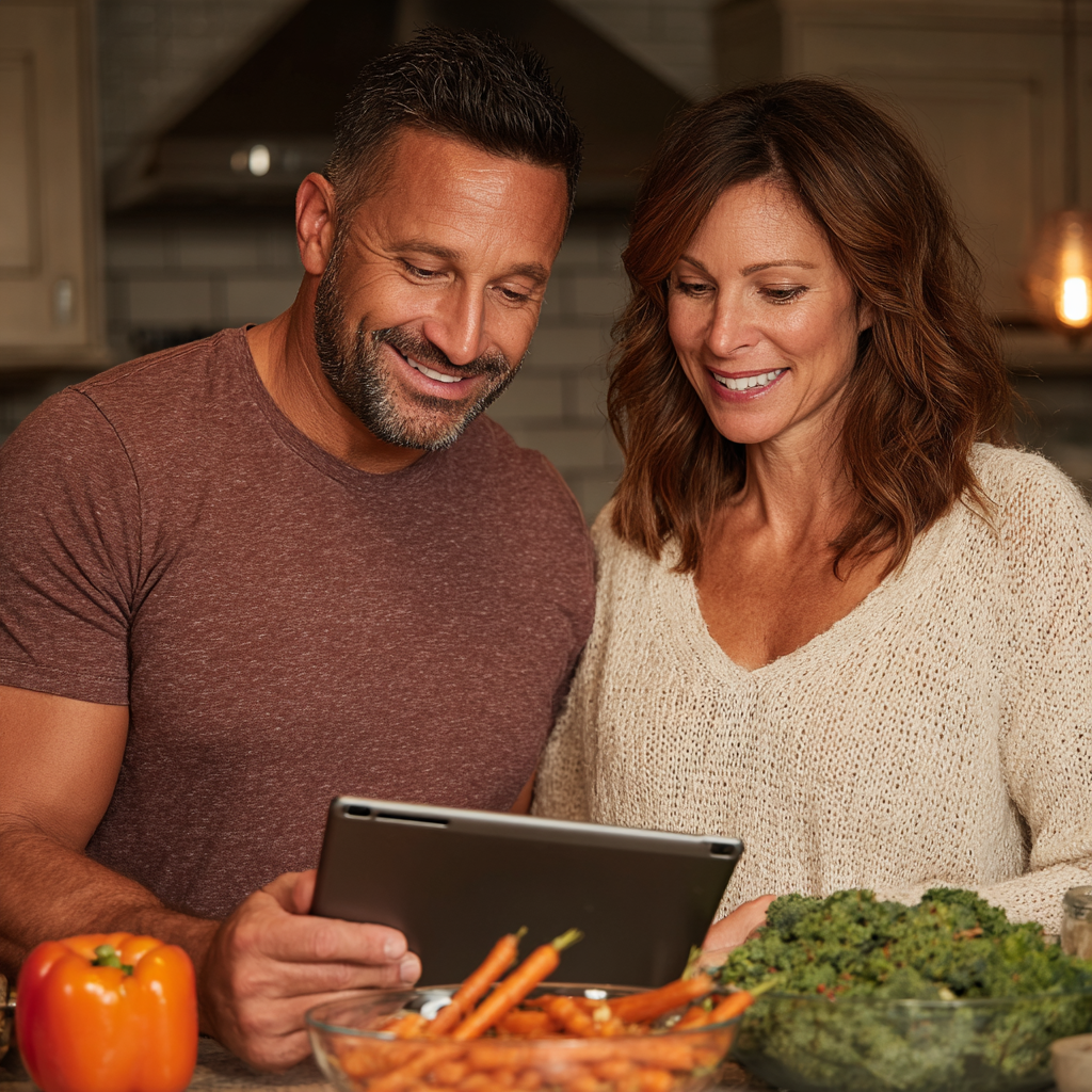 Пара 52 та 56 років готує здорову їжу за рецептом з додатку zulmekanor на планшеті
