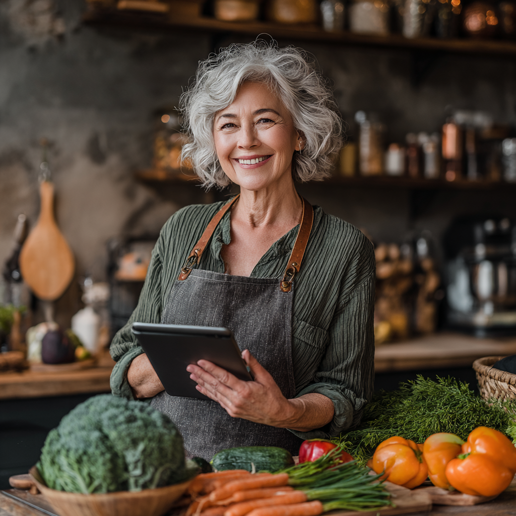Жінка 55 років усміхається, тримаючи планшет з планом харчування zulmekanor, на кухні з свіжими овочами